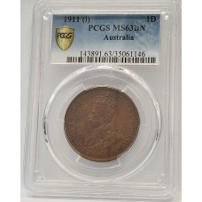 AUSTRALIA 1911 . ONE 1 PENNY . PCGS MS63